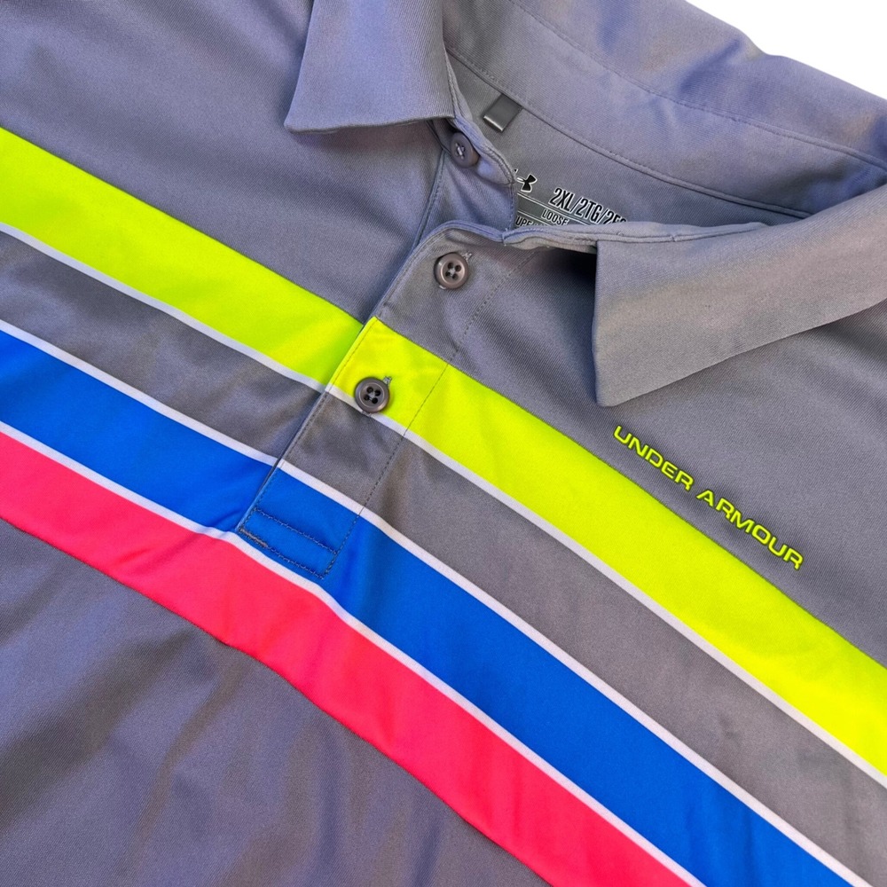 Under Armour Men's HeatGear Polo Shirt 2XL Grey Neon Striped Short Sleeve